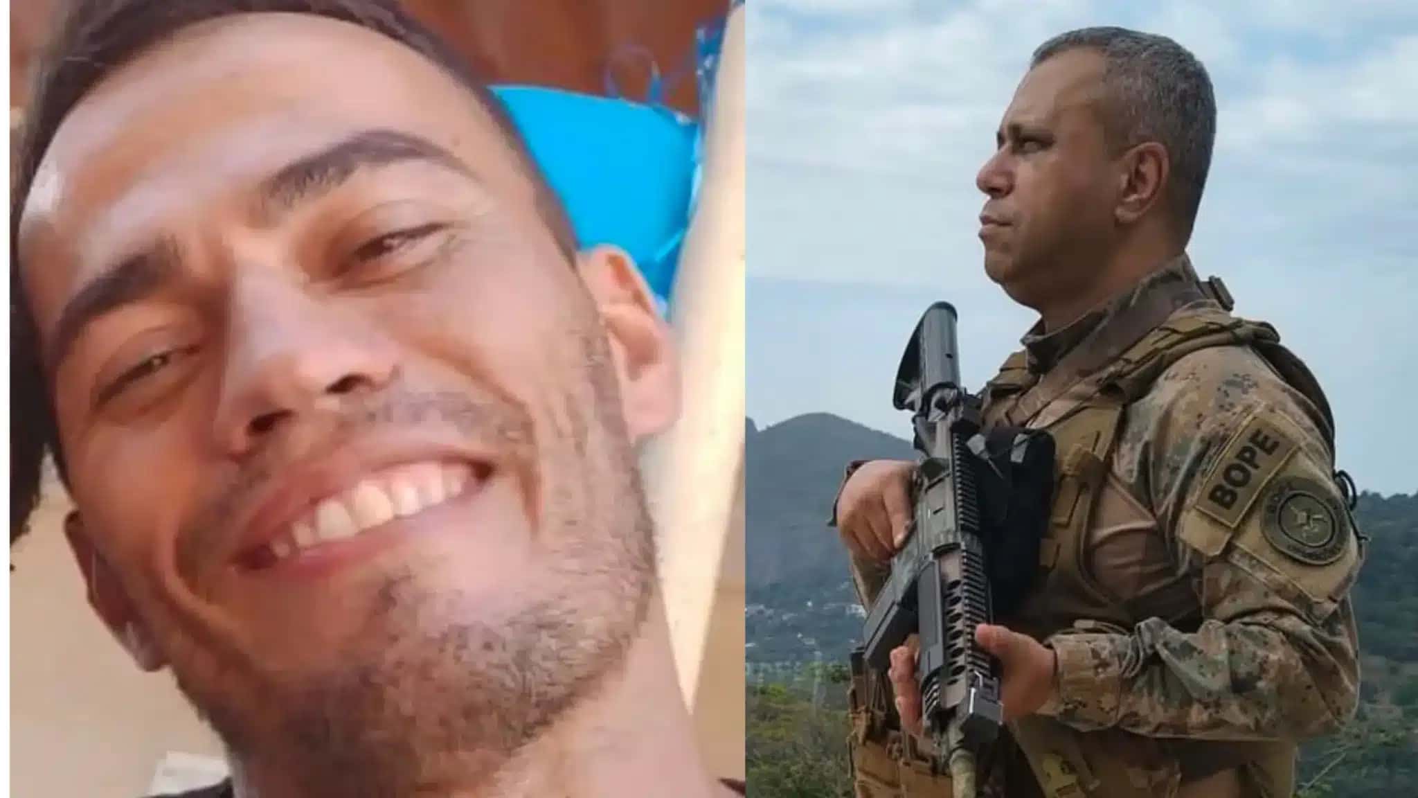 À esquerda, o sargento Heber Carvalho, morto durante a Operação Contenção, em outubro de 2025. À direita, o subtenente Gláucio Marcelo Fonseca da Silva, do Bope, que morreu neste domingo (11), após ser baleado durante uma ocorrência em Jacarepaguá, na Zona Sudoeste do Rio. Os dois eram irmãos e policiais militares.