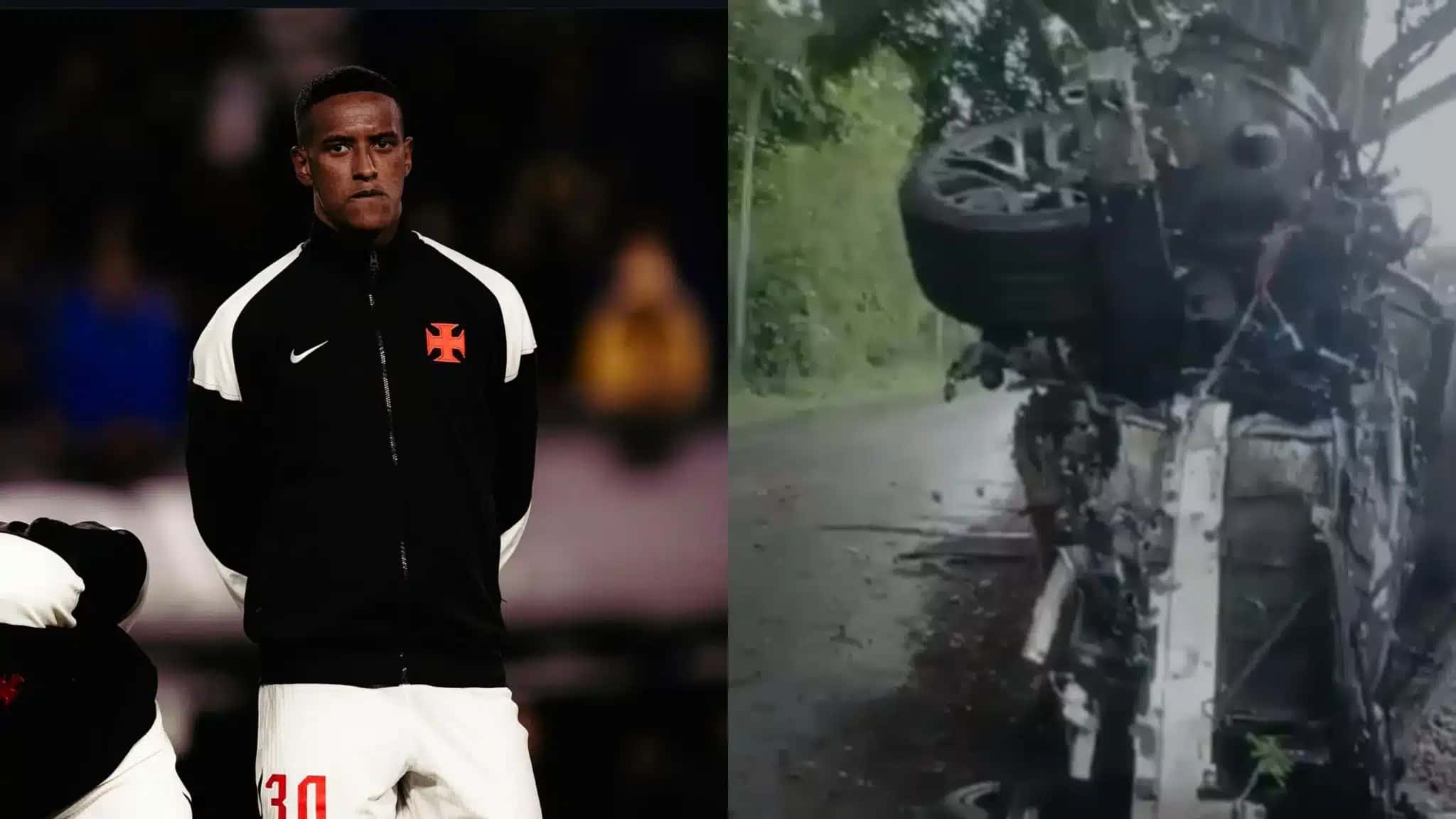 O carro do zagueiro Robert Renan, do Vasco, ficou completamente destruído após capotar em um acidente na manhã desta segunda-feira (26), na Barra da Tijuca, Zona Oeste do Rio.