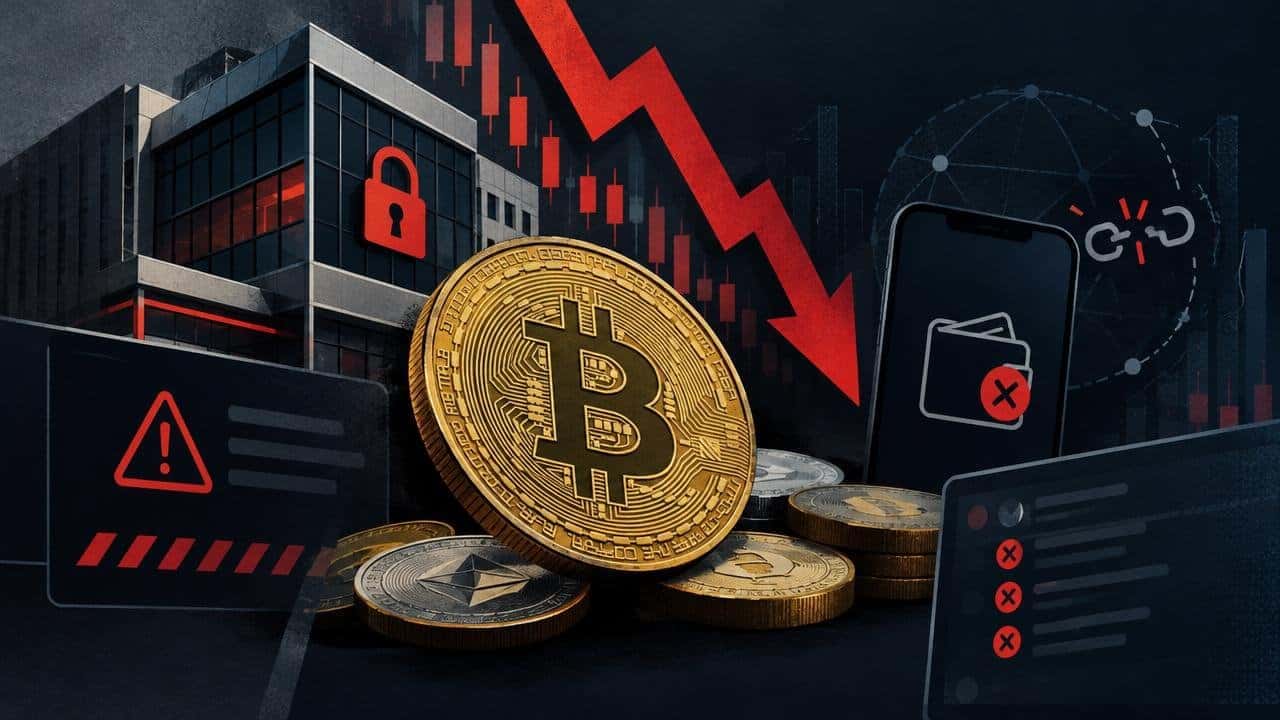 Montagem ilustra a queda do mercado de criptomoedas com bitcoin, alertas de segurança, cadeados e telas de carteira digital em um fundo escuro. Imagem gerada por IA | Imagem gerada por inteligência artificial