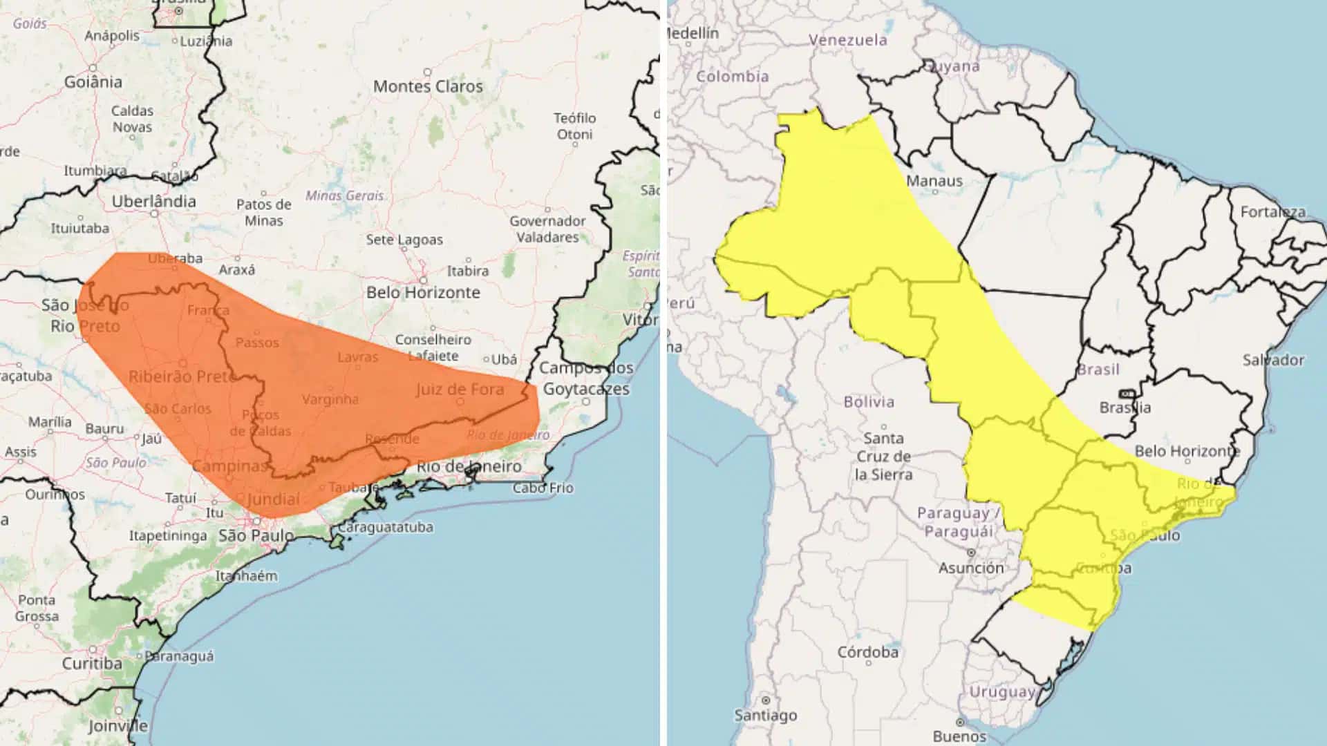 Mapa do Inmet das regiões do Brasil afetadas pela tempestade.