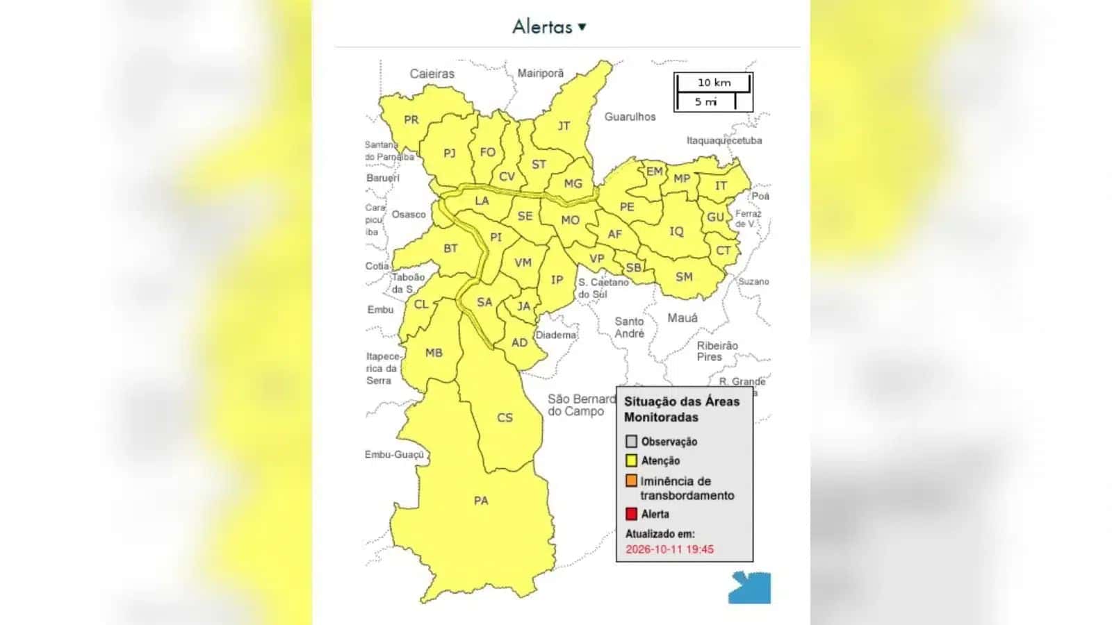 Cidade de São Paulo entrou em estado de atenção para alagamentos neste domingo (11), em razão das chuvas na capital.