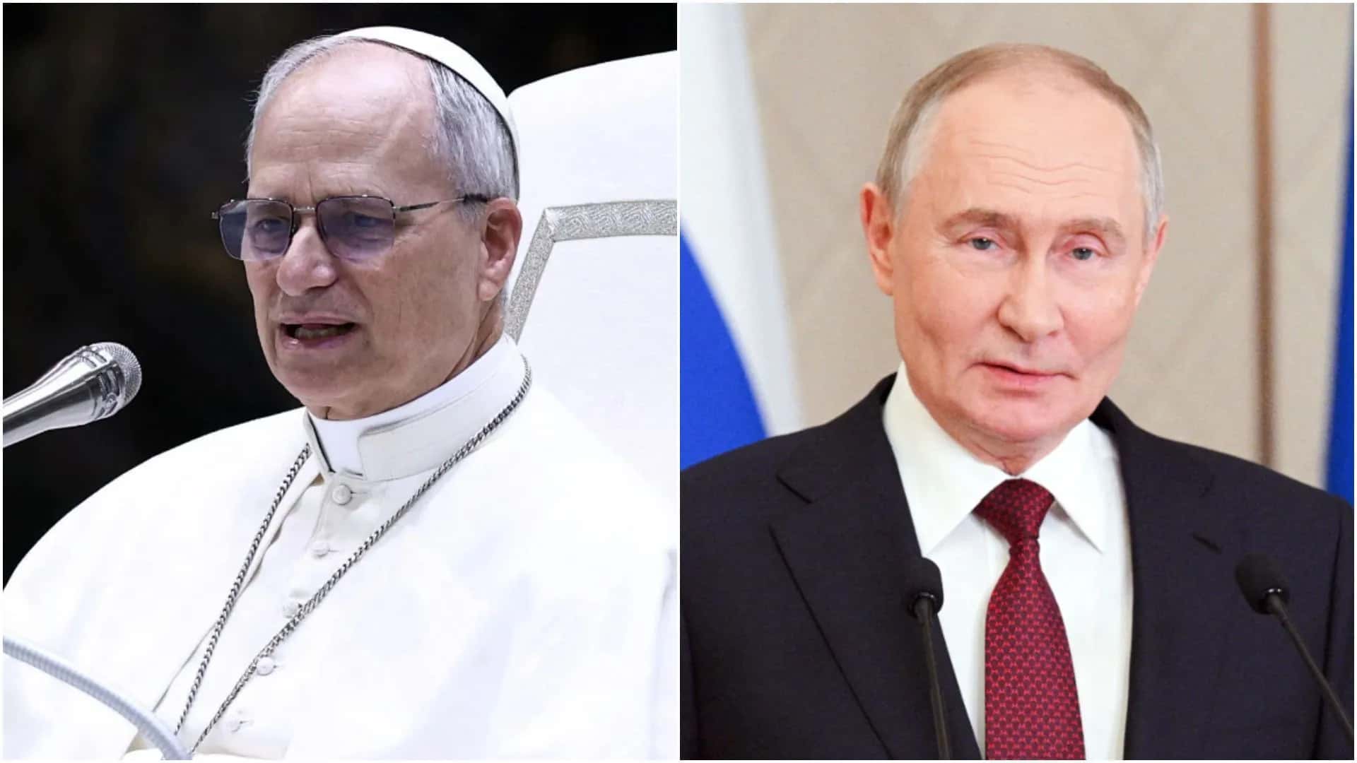 Papa Leão XIV e Vladimir Putin, presidente da Rússia.