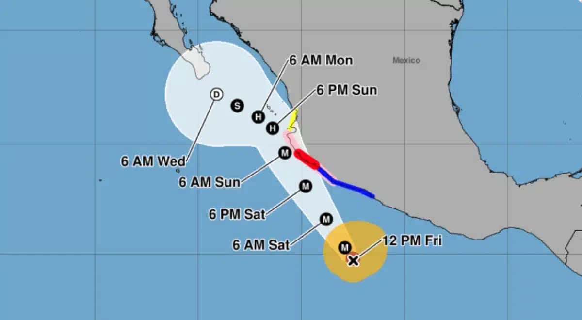 Trajetória do furacão Trudy na costa do México, segundo o Centro Nacional de Furacões dos Estados Unidos.