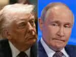 (COMBO) This combination of pictures created on March 30, 2025 shows US President Donald Trump at the White House on March 24, 2025, in Washington, DC and Russian President Vladimir Putin in Moscow on March 18, 2025. Trump on March 30, 2025, said he was "very angry, pissed off" with Putin for questioning Ukraine's leadership, NBC News reported. In a sharp change of tone to his normal stance towards Moscow, Trump told an NBC reporter that he was angered when Putin started getting into Ukrainian President Volodymyr Zelensky's credibility. Trump threatened "secondary tariffs" on Russian oil and said he planned to speak to Putin in the coming week. (Photo by Brendan SMIALOWSKI and Maxim Shemetov / AFP)