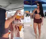 Ela não demonstra constrangimento ao trabalhar: namorada de Belo vende biquínis na praia