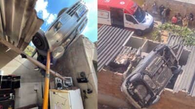 Motorista perde o controle do veículo e carro estaciona em telhado de residência em Belo Horizonte