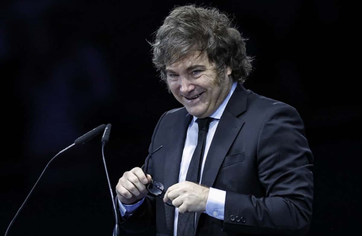 Argentina's President Javier Milei participates in the closing session of the Madrid Economic Forum, an event sponsored by a cryptocurrency platform, in Madrid on June 8, 2025. (Photo by OSCAR DEL POZO / AFP)