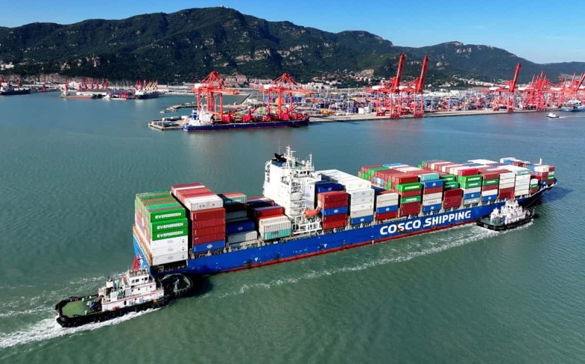 A container ship arrives at the port in Lianyungang, in Chinas eastern Jiangsu province on July 14, 2025. China's exports rose more than expected in June, official data showed on July 14, after Washington and Beijing agreed a tentative deal to lower swingeing tariffs on each other. (Photo by AFP) / China OUT / CHINA OUT