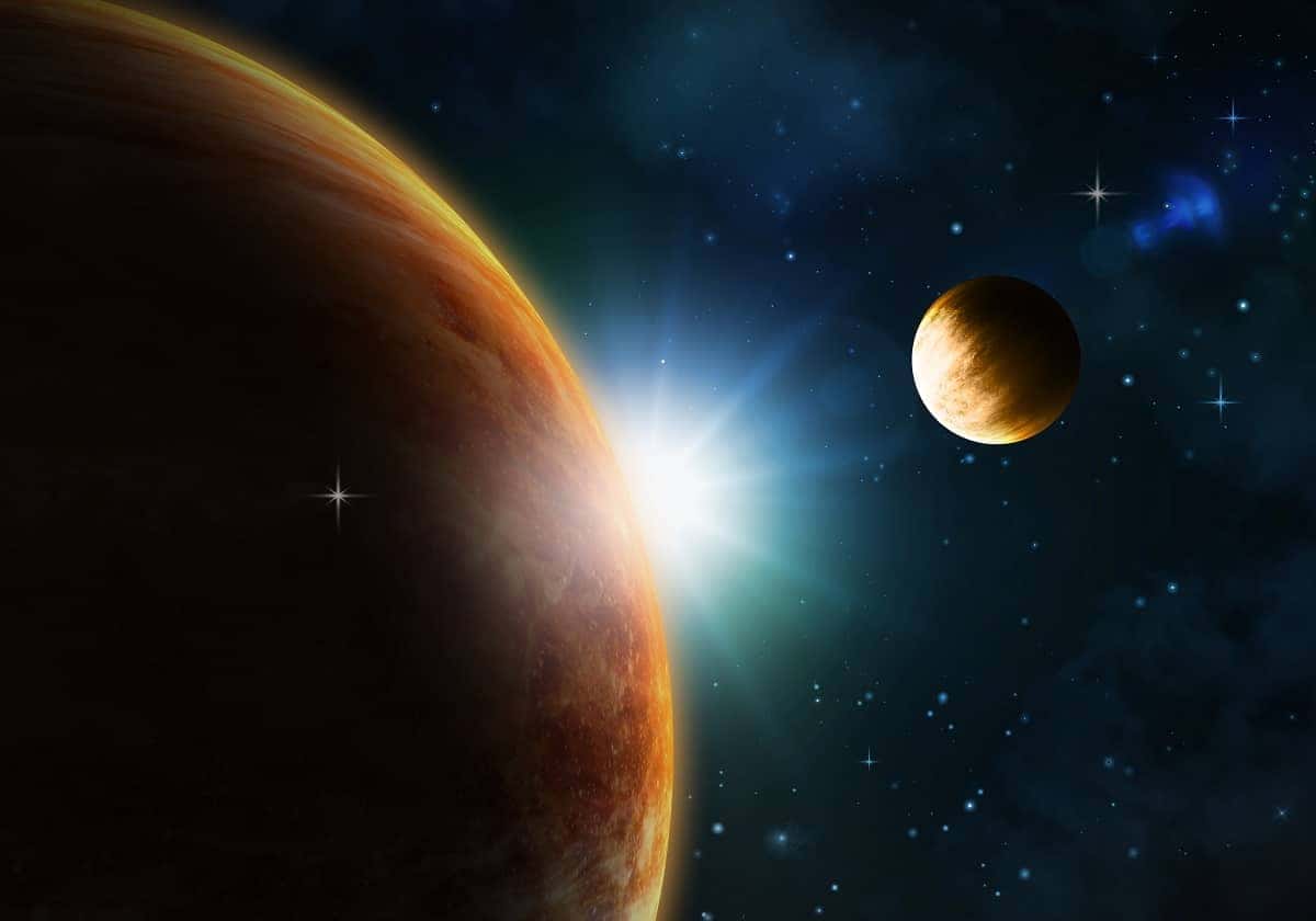 Night sky background with fictional planets, nebula and stars