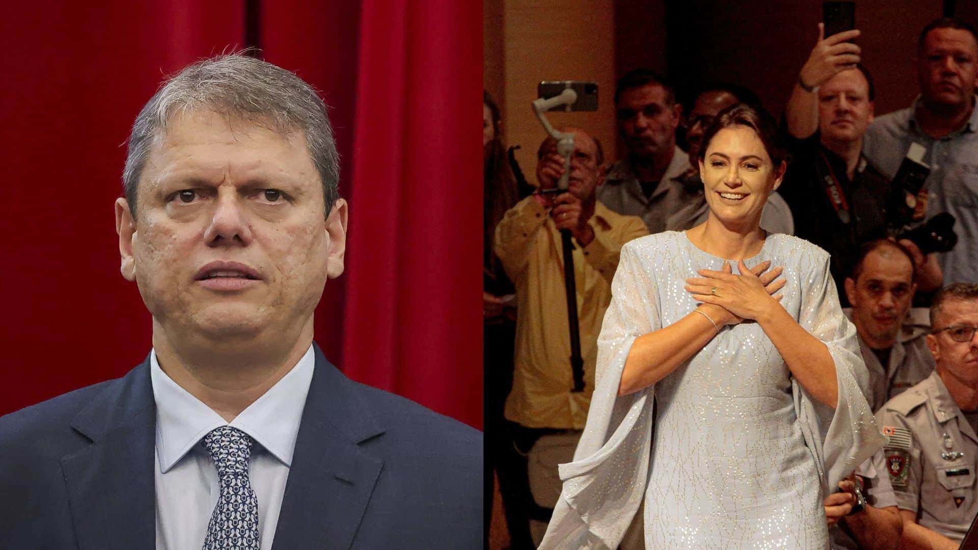 O-governador-de-Sao-Paulo-Tarcisio-de-Freitas-e-a-ex-primeira-dama-Michelle-Bolsonaro