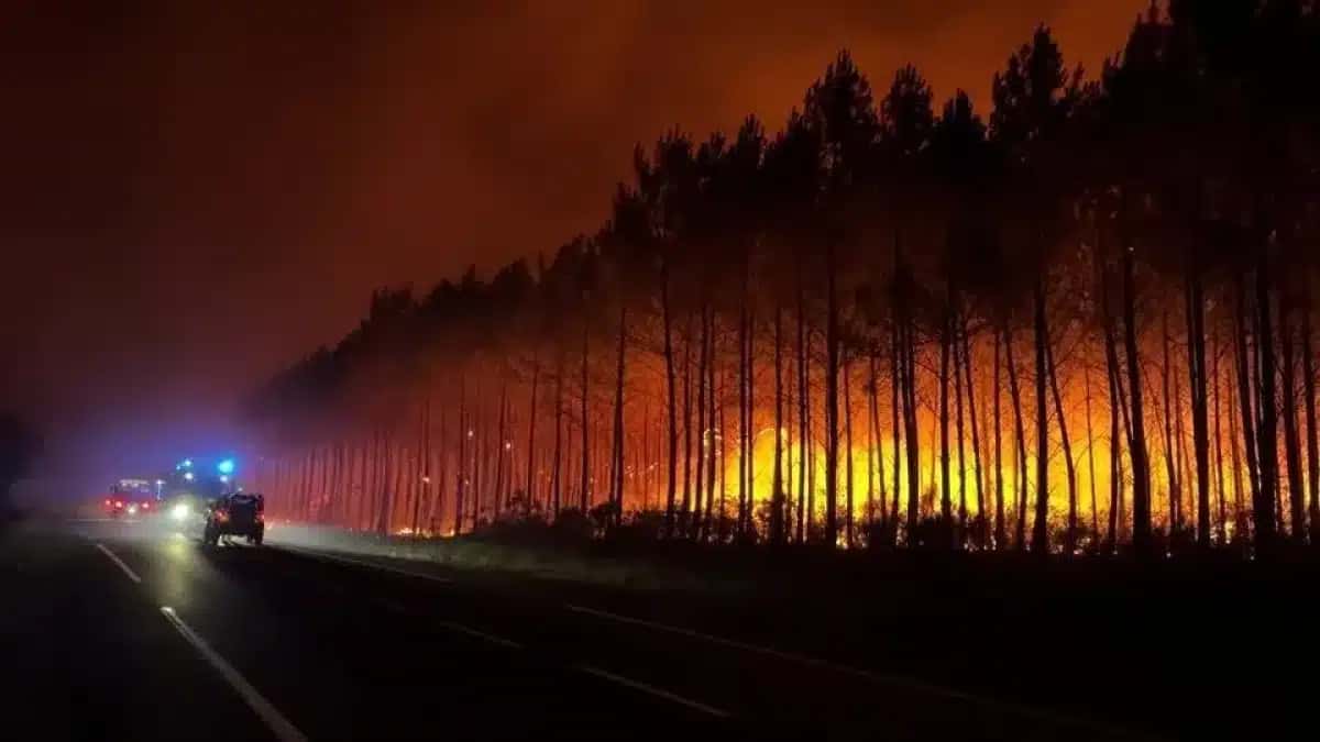 Bombeiros combatem incêndios florestais enquanto as chamas consomem florestas no sul da França