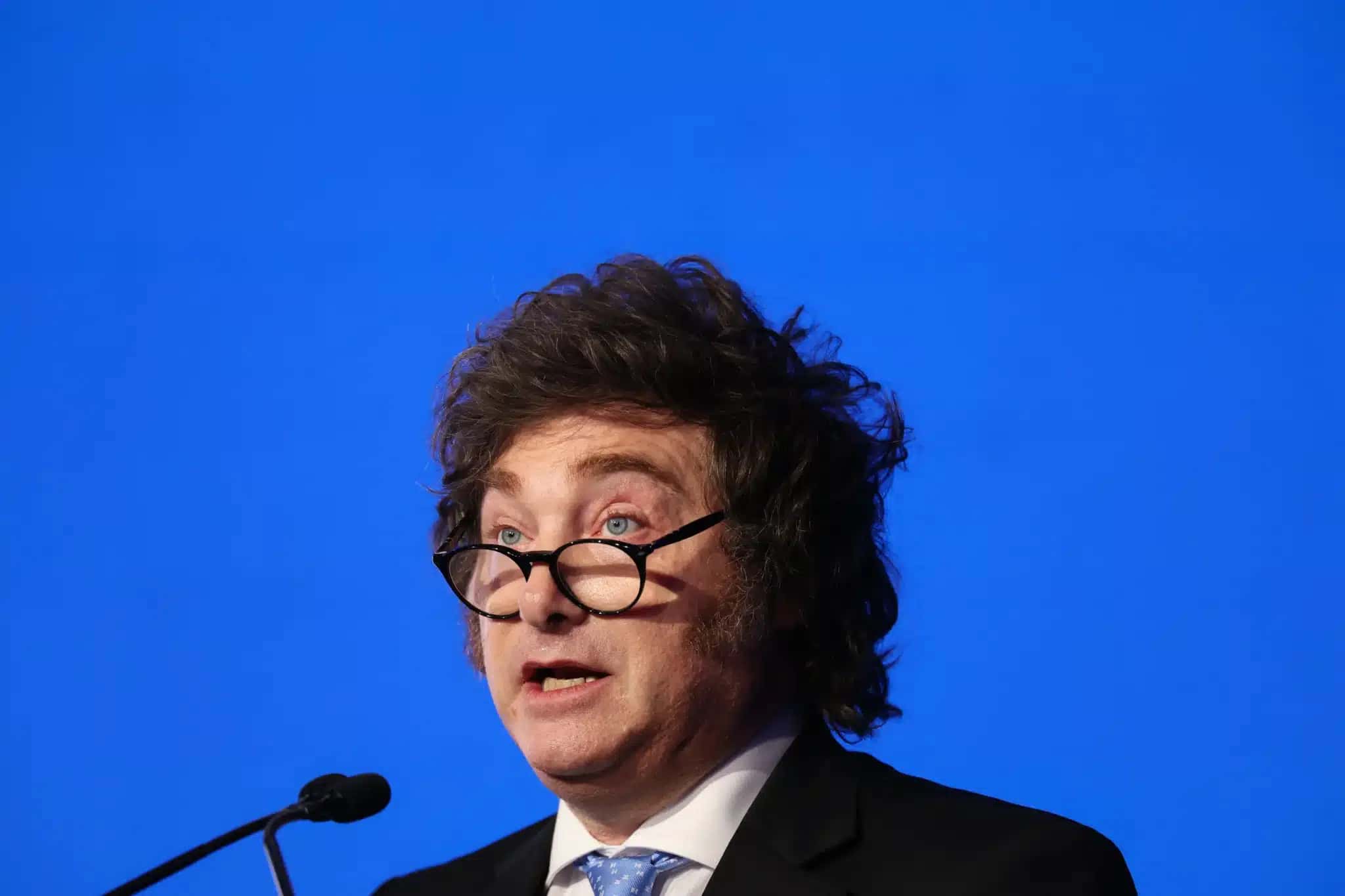 Argentine President Javier Milei speaks during the 29th annual Milken Institute Global Conference at the Beverly Hilton in Beverly Hills, California on May 6, 2026. (Photo by Patrick T. Fallon / AFP)