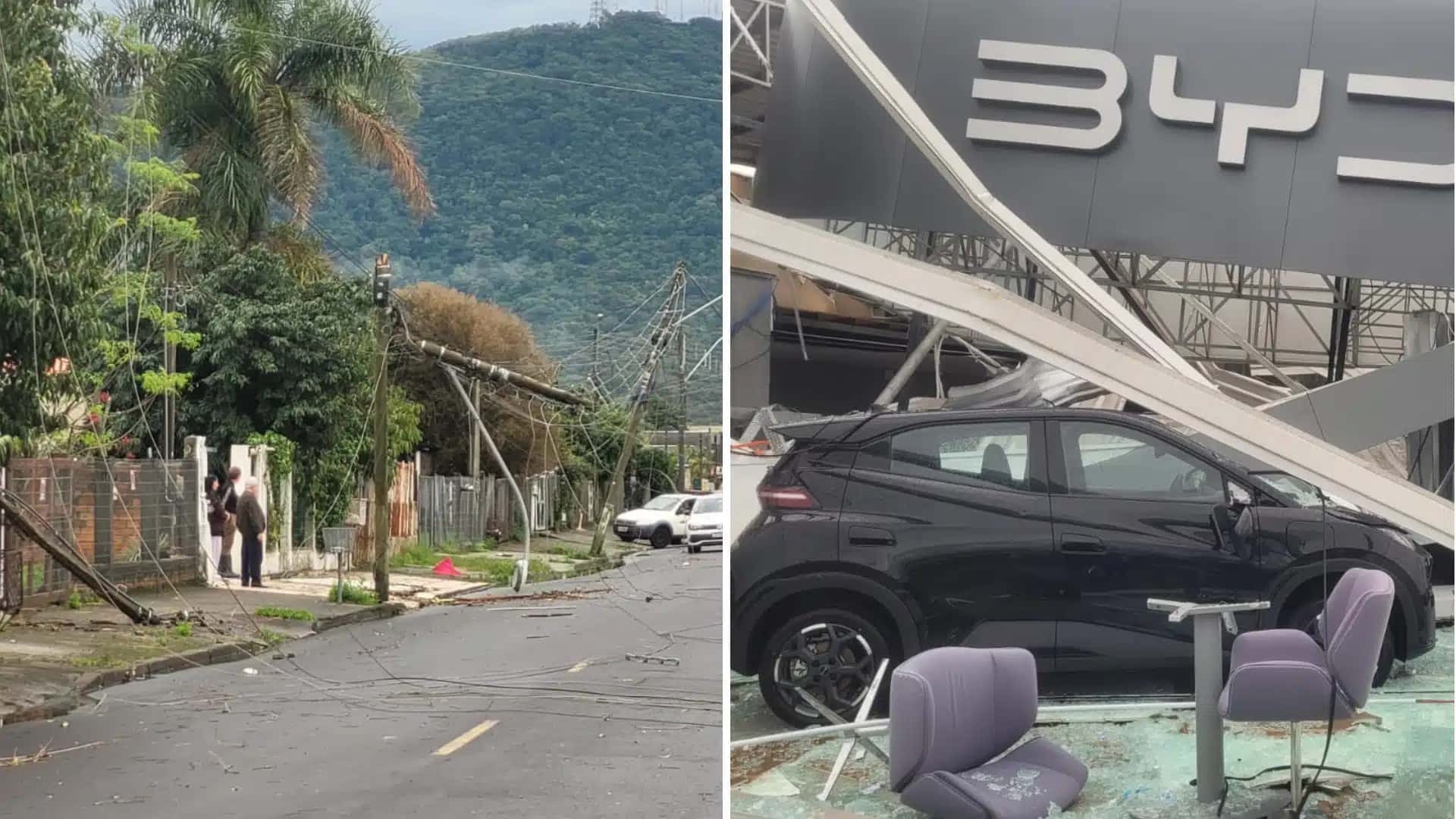 Além dos destelhamentos, a chuva e o vento forte também deixaram 20 postes caídos e 40 danificados