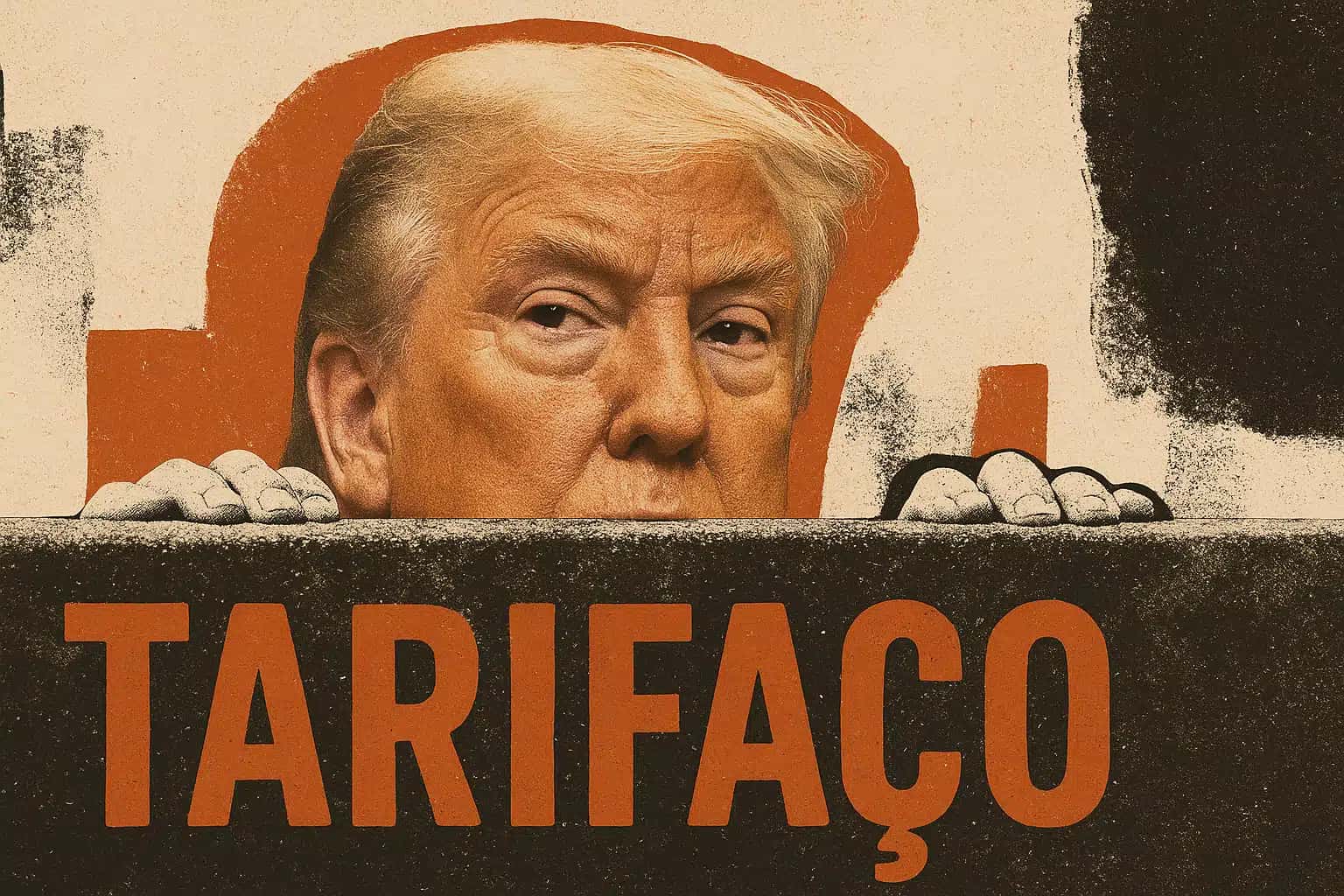 Ilustração do presidente dos EUA, Donald Trump, olhando por cima de um muro onde está escrito a palavra “tarifaço”
