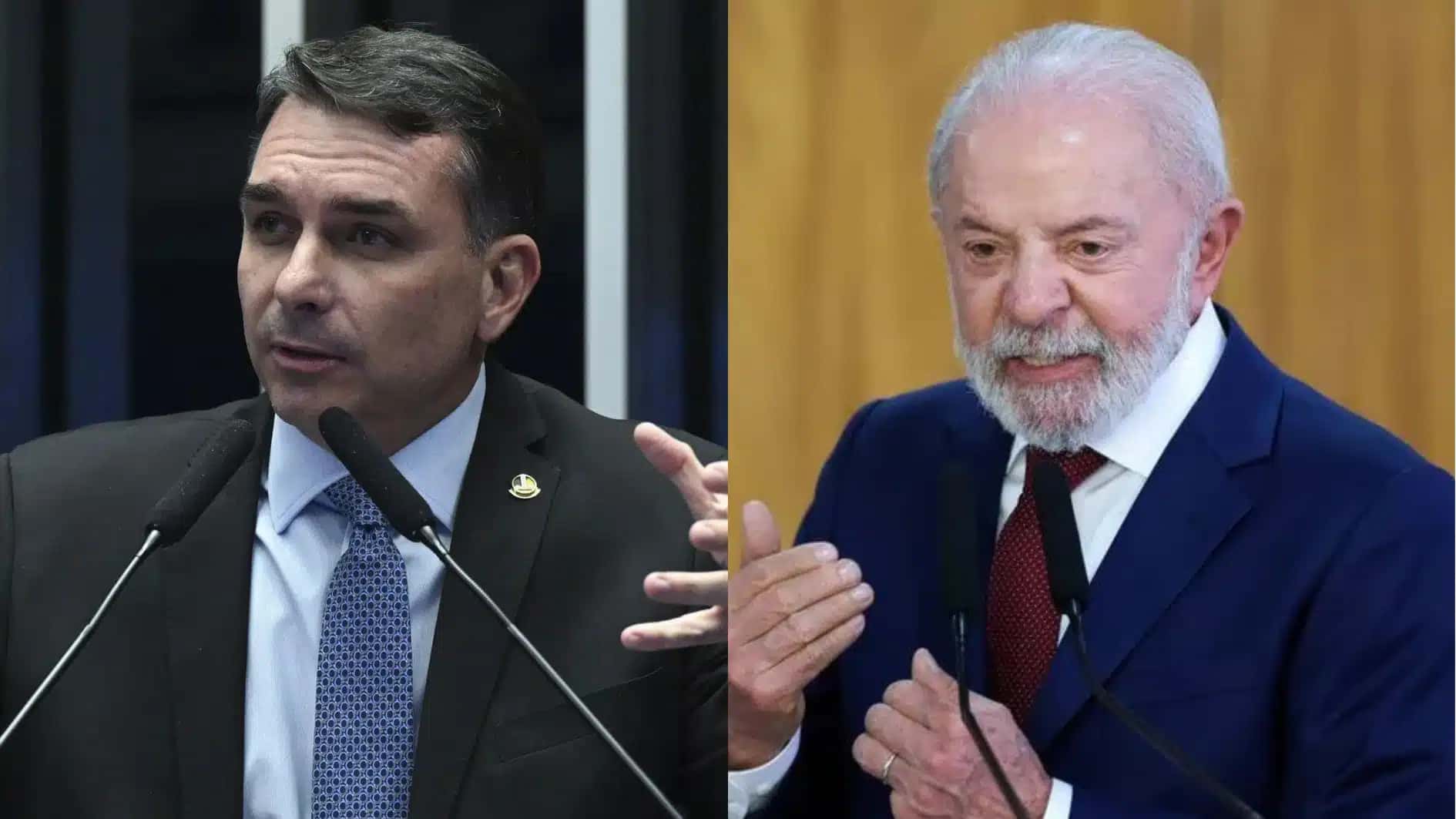 À esquerda, o senador Flávio Bolsonaro; à direita, o presidente Luiz Inácio Lula da Silva