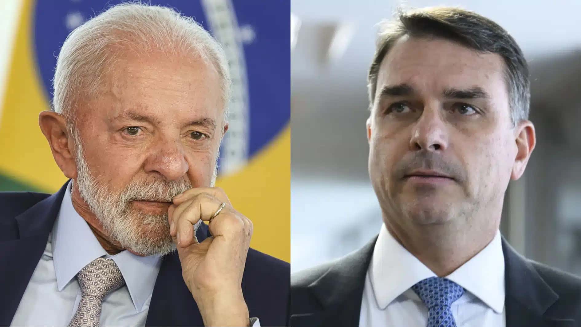 O presidente Lula, à esquerda, e o senador Flávio Bolsonaro, à direita