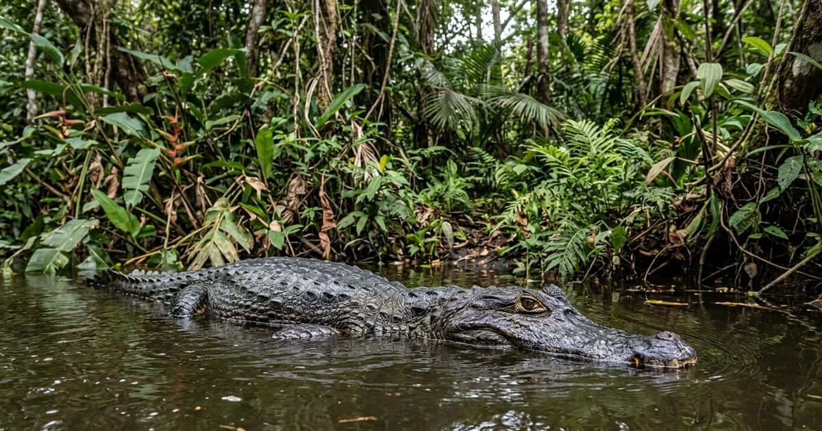 O jacaré-açu (Melanosuchus niger) ocupa o topo da cadeia alimentar nos rios, lagos e áreas alagadas da Amazônia. - Imagem gerada por IA