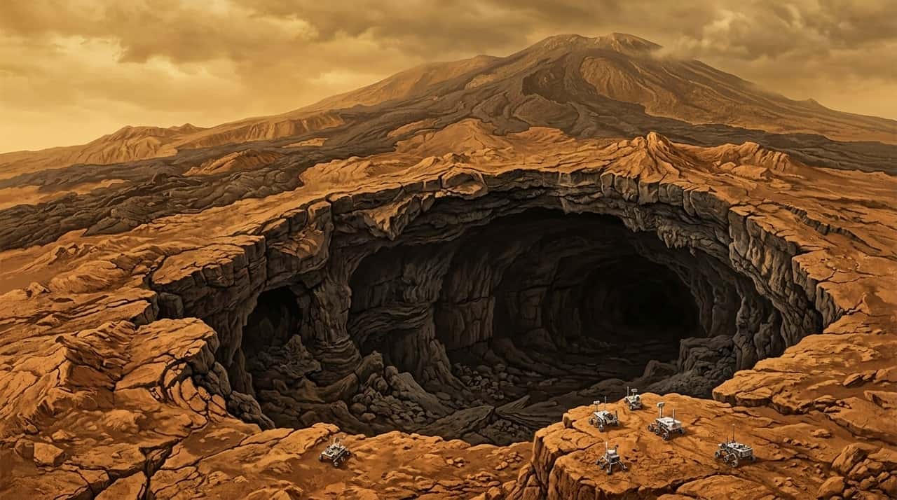 Tubos de lava surgem quando a parte externa de um fluxo vulcânico esfria e forma uma crosta, enquanto material quente continua correndo por baixo