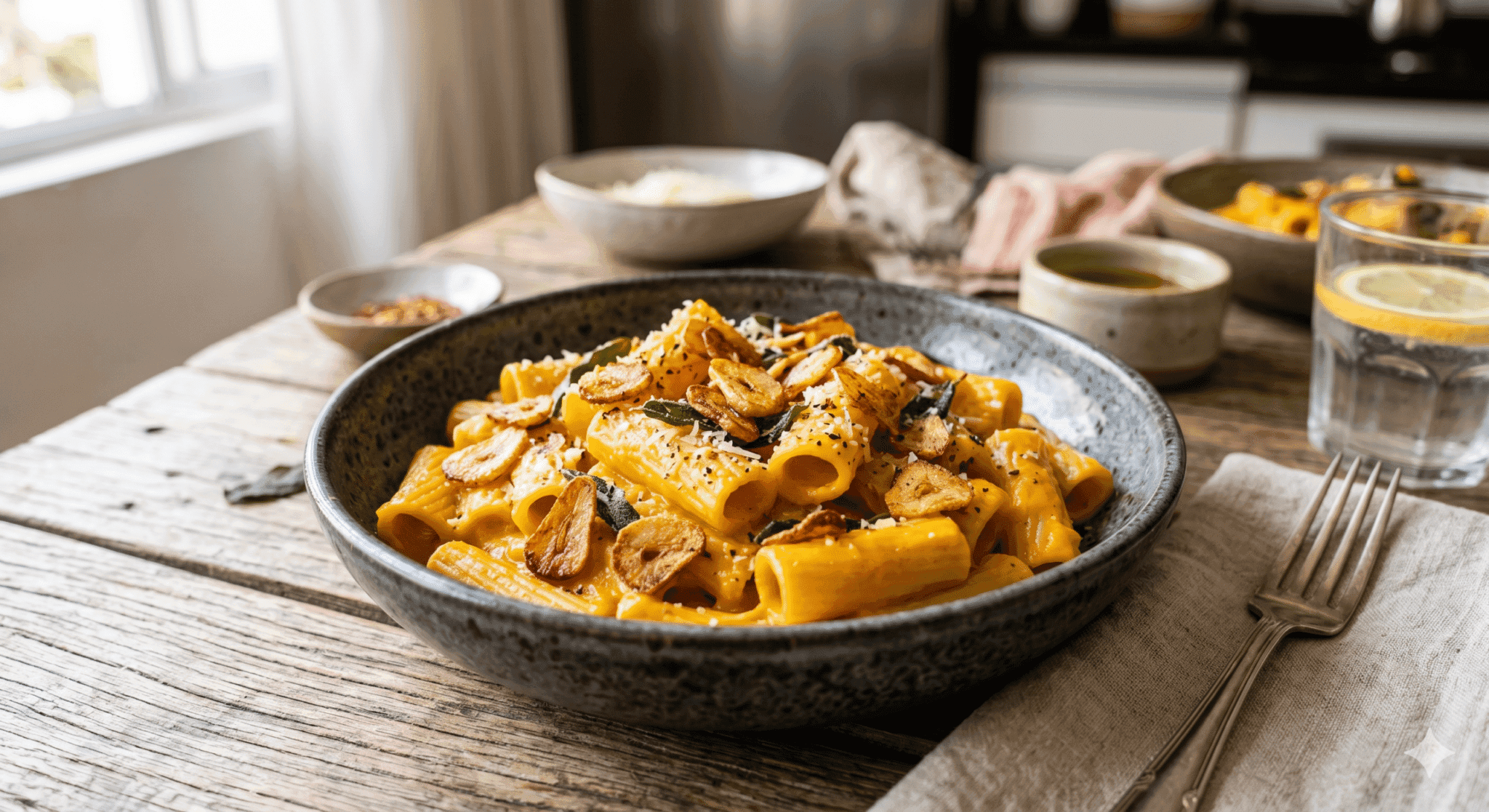 Macarrão cremoso de abóbora com alho dourado