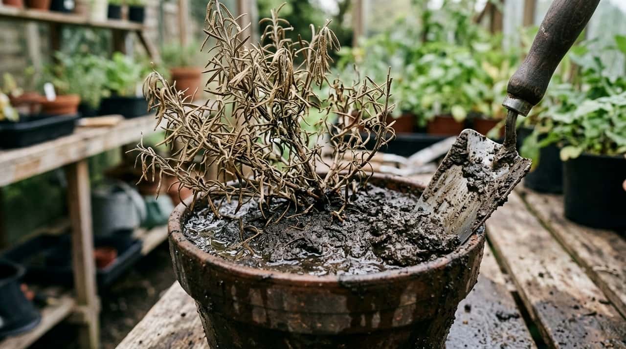 Para recuperar o cultivo, retire apenas partes claramente mortas e transfira a planta para um recipiente com furos livres.