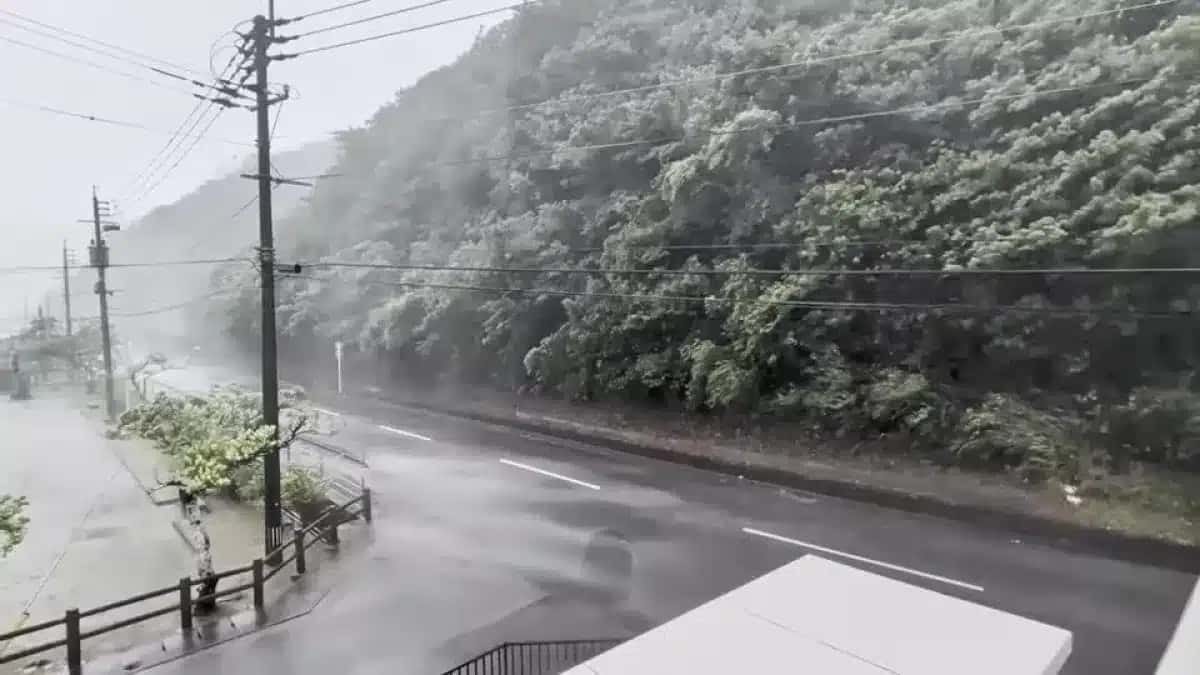 Vídeo mostra torrentes de chuva caindo sobre a estrada no arquipélago de Amami, no sul do Japão