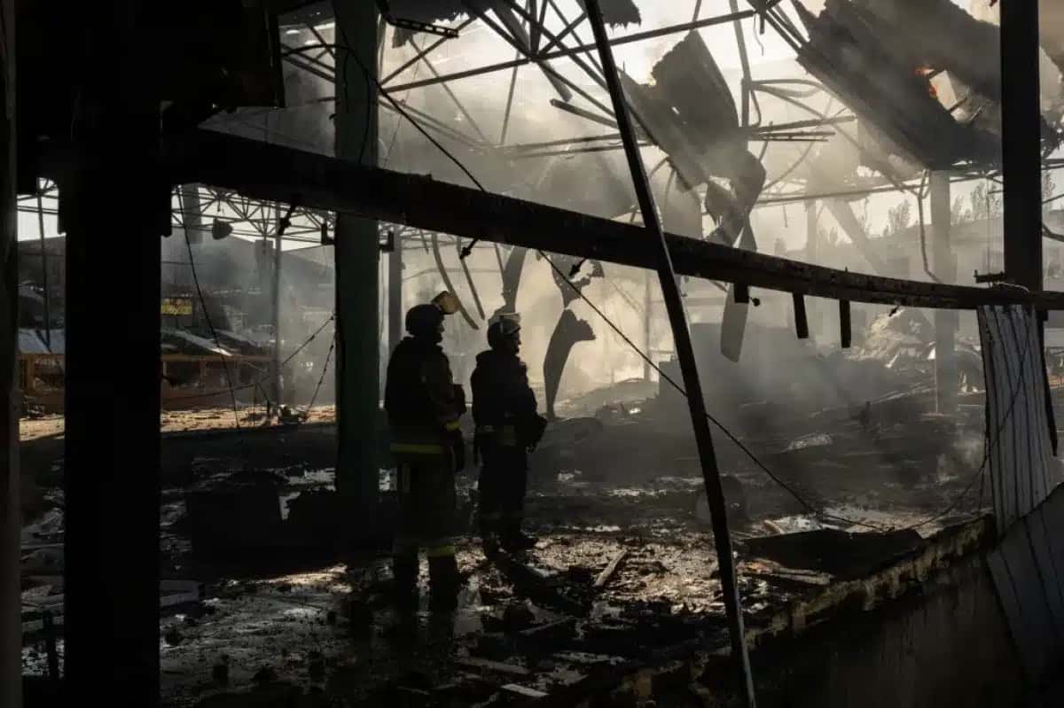 KRAMATORSK, UKRAINE – AUGUST 21: Firefighters work at a fire at a warehouse following a Russian drone strike in Kramatorsk, Ukraine, on August 21, 2026. Francisco Richart / Anadolu (Photo by Francisco Richart / Anadolu via AFP)