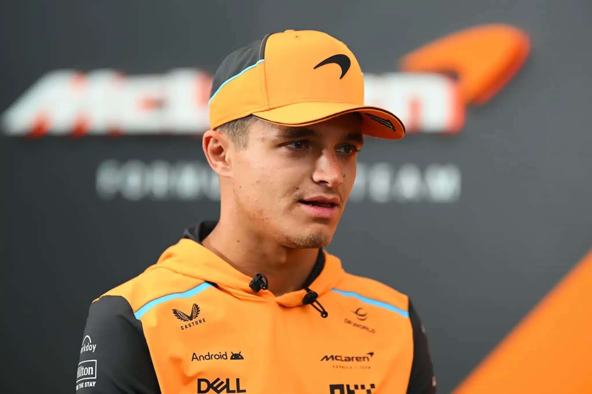 SAO PAULO, BRAZIL - OCTOBER 31: Lando Norris of Great Britain and McLaren talks to the media in the Paddock during previews ahead of the F1 Grand Prix of Brazil at Autodromo Jose Carlos Pace on October 31, 2024 in Sao Paulo, Brazil. (Photo by Clive Mason/Getty Images)