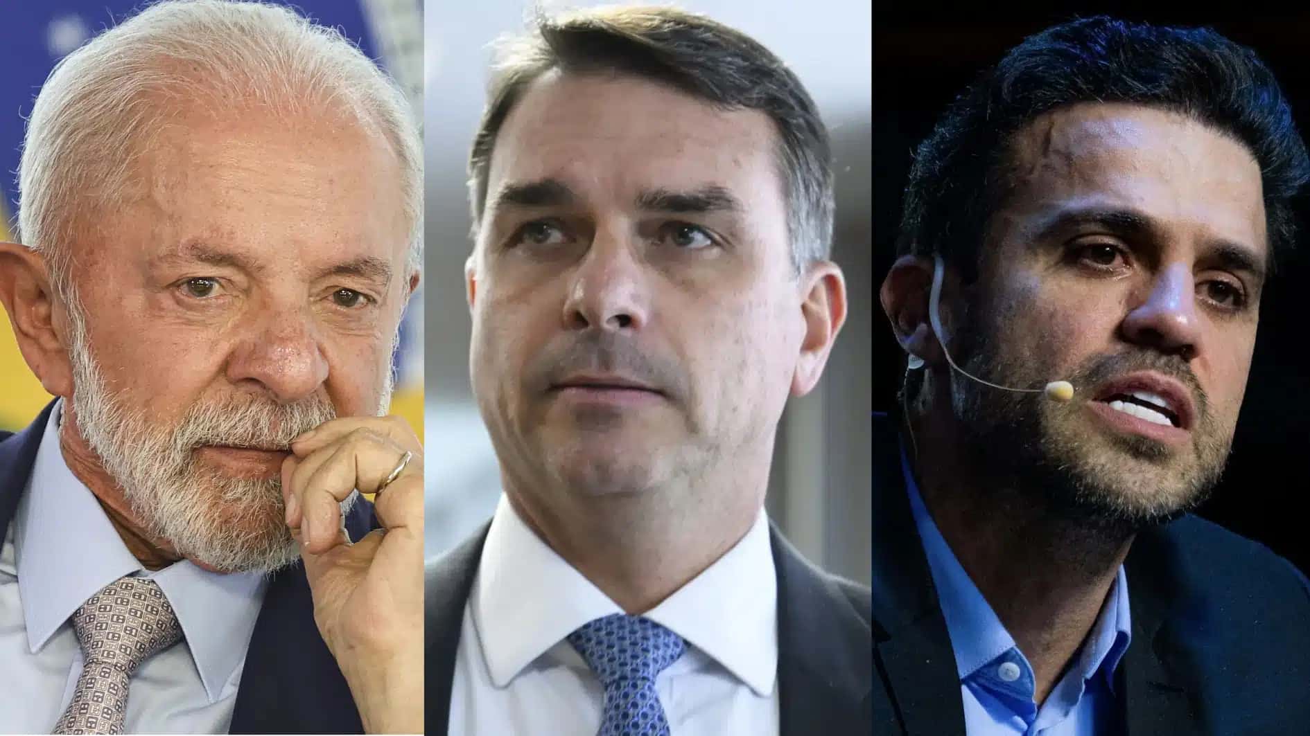 O presidente Luiz Inácio Lula da Silva (PT), o senador Flávio Bolsonaro (PL) e o empresário Pablo Marçal (PRTB)
