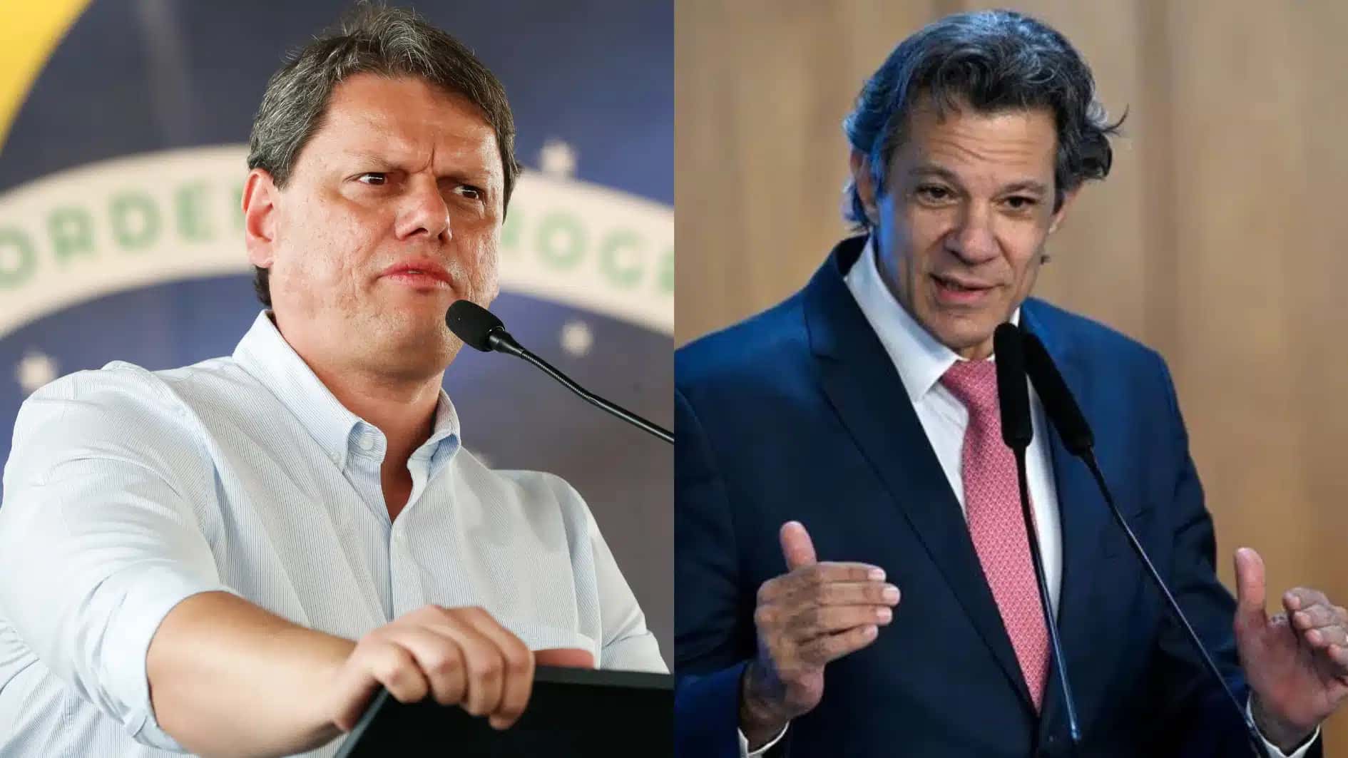 O governador Tarcísio de Freitas (à esquerda) e o ministro Fernando Haddad (à direita)