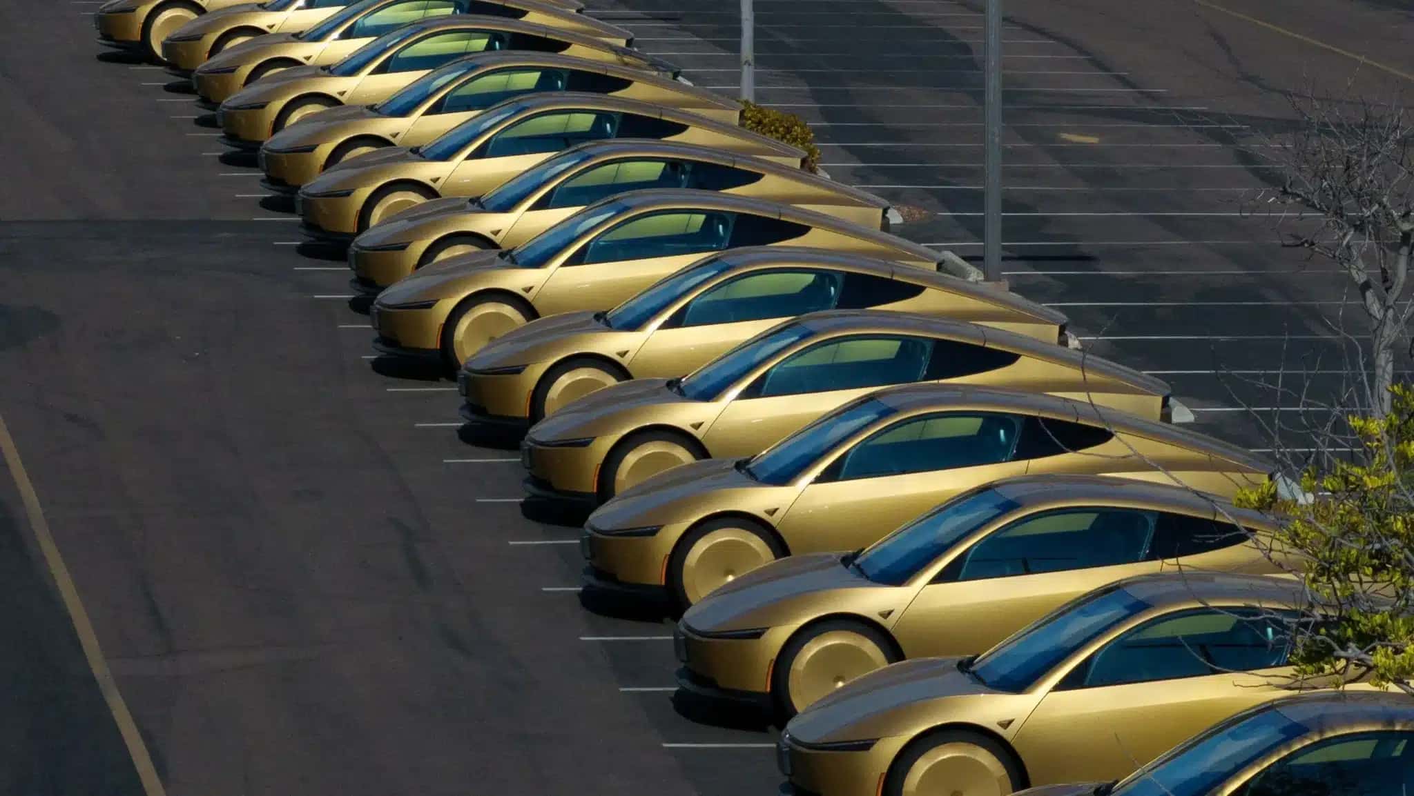 Cybercabs pintados de dourado em estacionamento em San Diego, na Califórnia