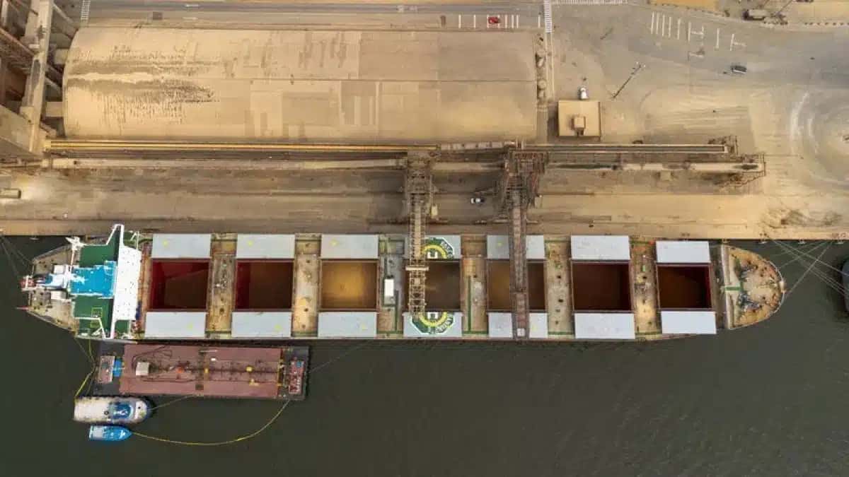 Imagem captada por um drone mostra navios graneleiros no porto de Paranaguá