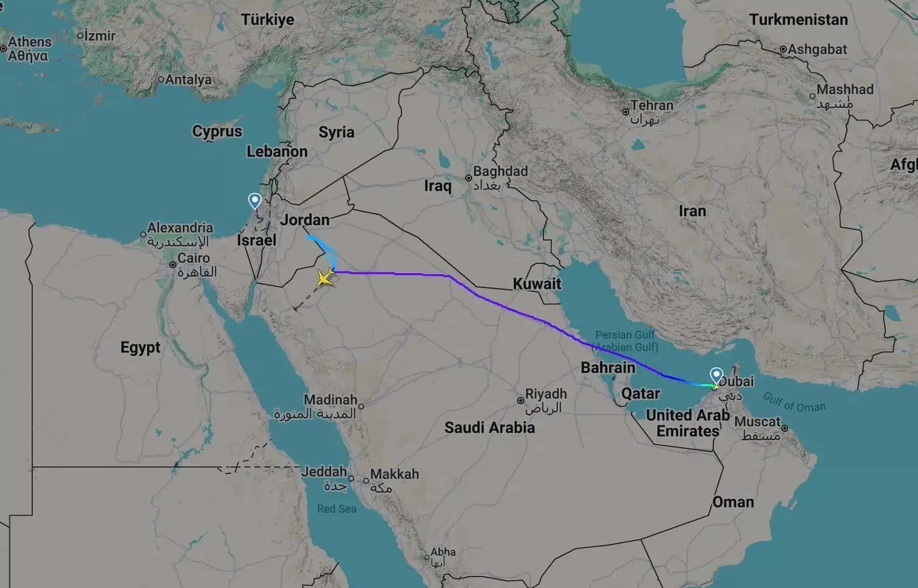 Captura de tela do Flightradar24 mostra voo da flydubai com destino a Israel que foi desviado para a Arábia Saudita 30 de setembro de 2026 Flightradar24.com/Divulgação via REUTERS