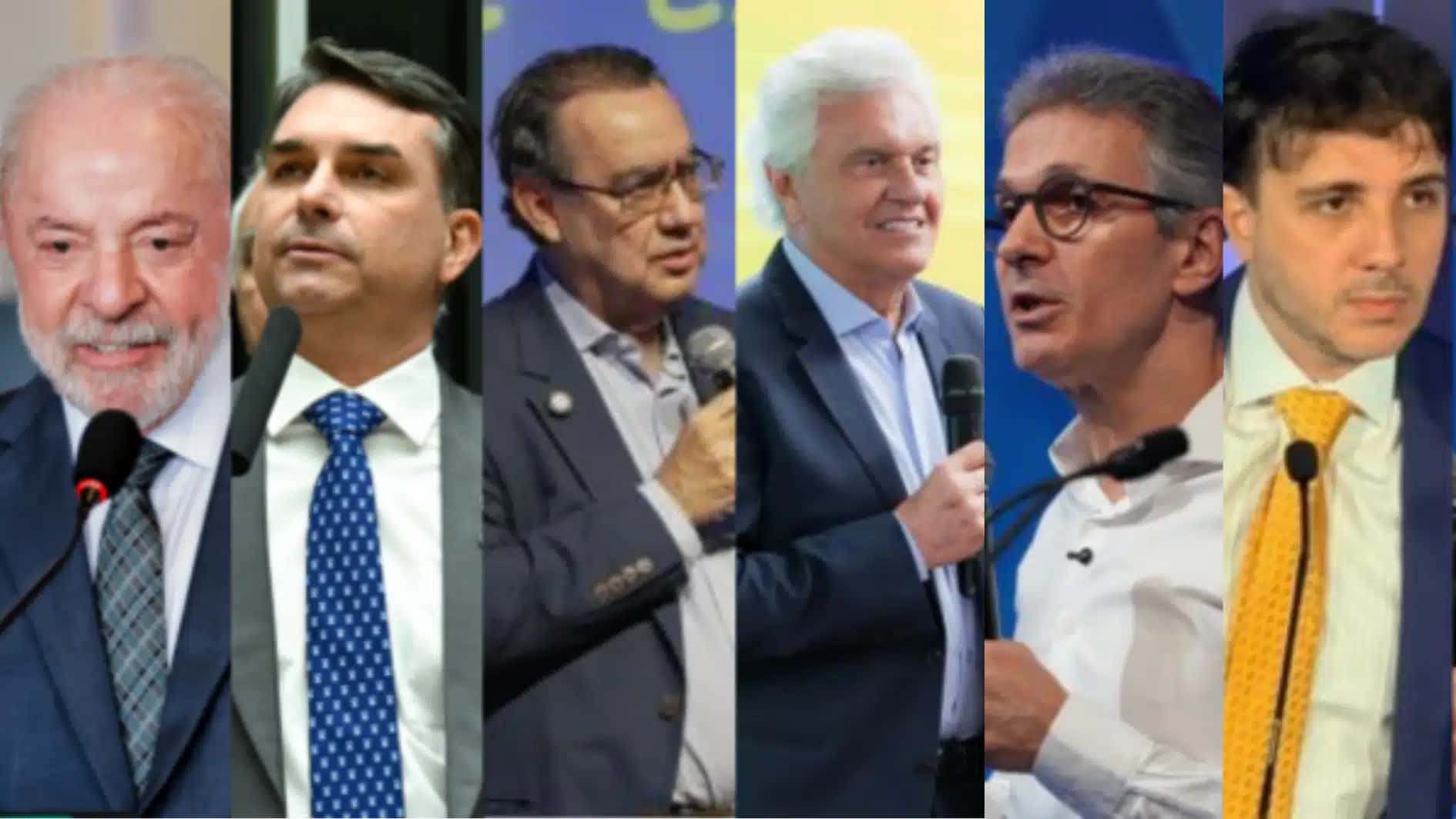 Os candidatos à Presidência, da esquerda para a direita: Lula, Flávio Bolsonaro, Augusto Cury, Ronaldo Caiado, Romeu Zema e Renan Santos