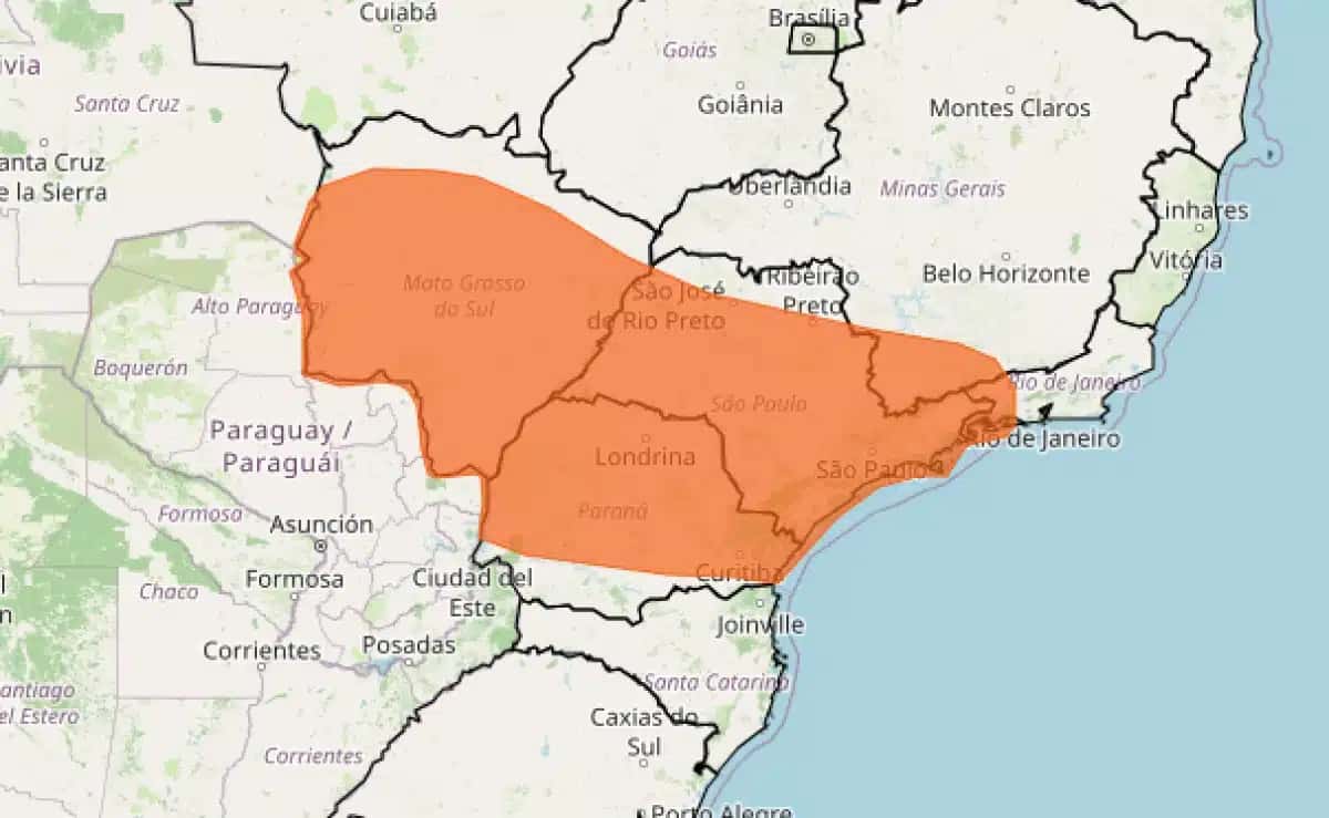 Mapa em laranja entra em alerta para tempestades