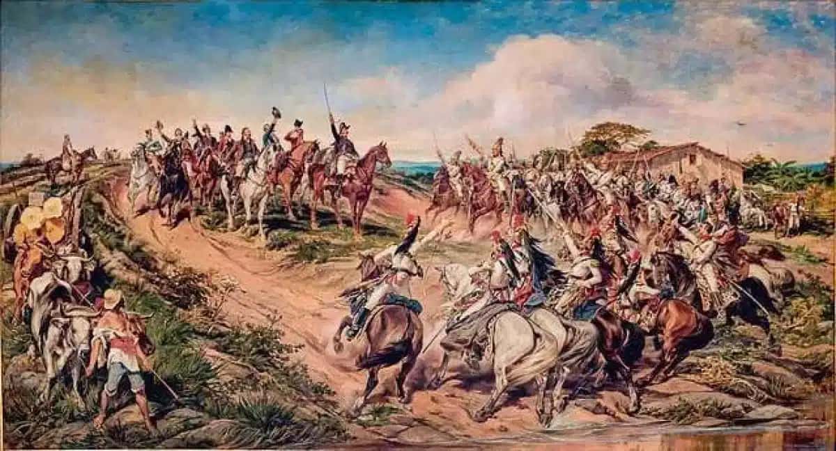 Cena do Grito do Ipiranga reconstitui o momento da ruptura com Portugal em 1822.