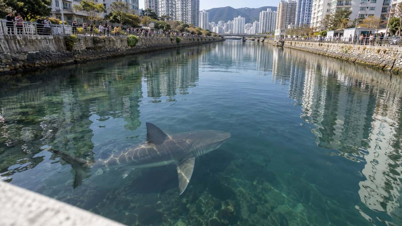 Tubarão de aproximadamente três metros permaneceu semanas em um canal urbano | Foto: Reprodução/Catraca Livre