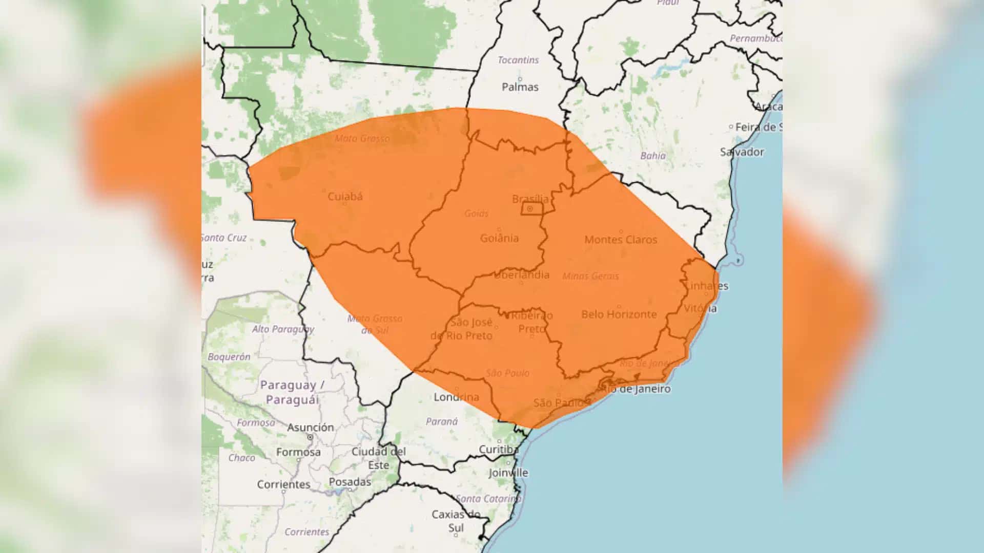 Mapa das regiões do Brasil afetadas pelo temporal, segundo o Inmet.