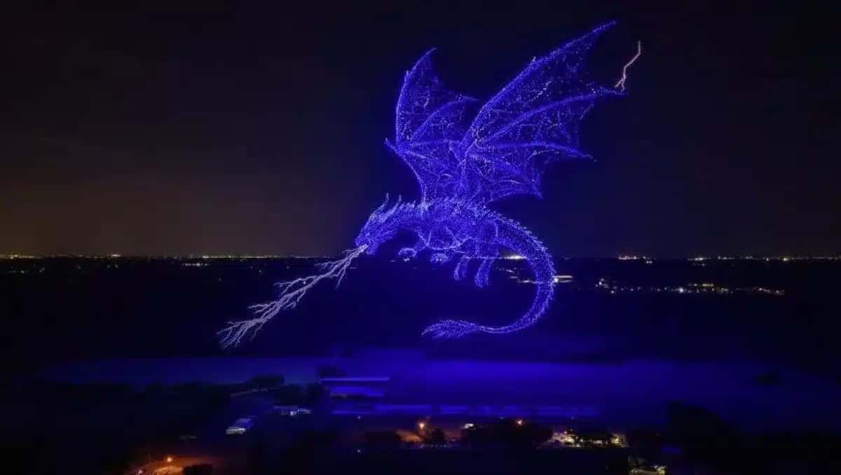 Um dragão gigante que parecia cuspir fogo foi desenhado no céu com 10.183 multirrotores iluminados, superando o registro antigo de 2.247 aparelhos.