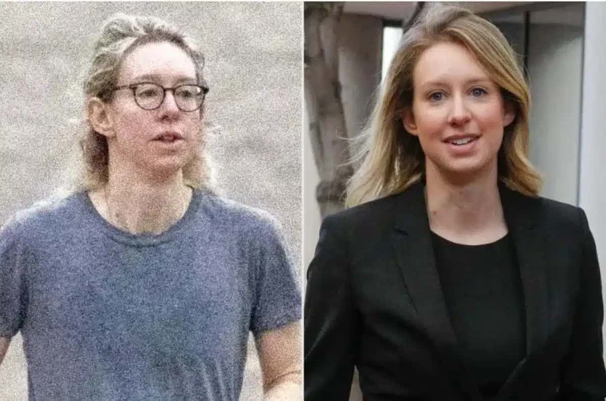 Elizabeth Holmes em 3 de fevereiro de 2025; Elizabeth Holmes em 17 de julho de 2019.