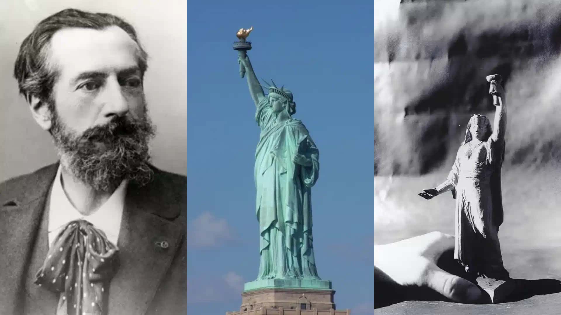 O escultor Frédéric-Auguste Bartholdi, a versão atual e um primeiro rascunho do que se tornaria a Estátua da Liberdade