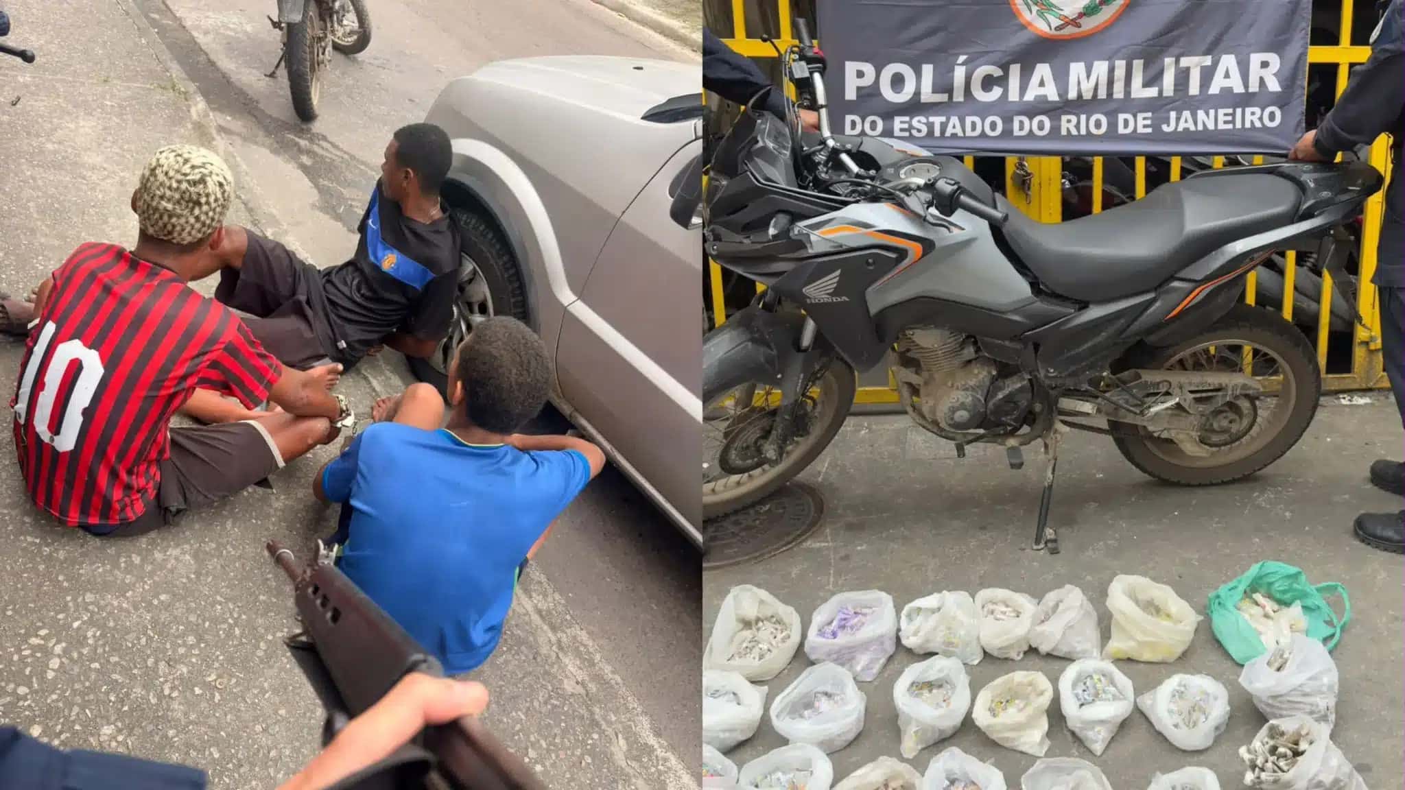 Quatro suspeitos foram presos no Jardim Catarina, em São Gonçalo, neste domingo (11). Segundo a Polícia Militar, foram apreendidos três rádios transmissores, material entorpecente e uma motocicleta.