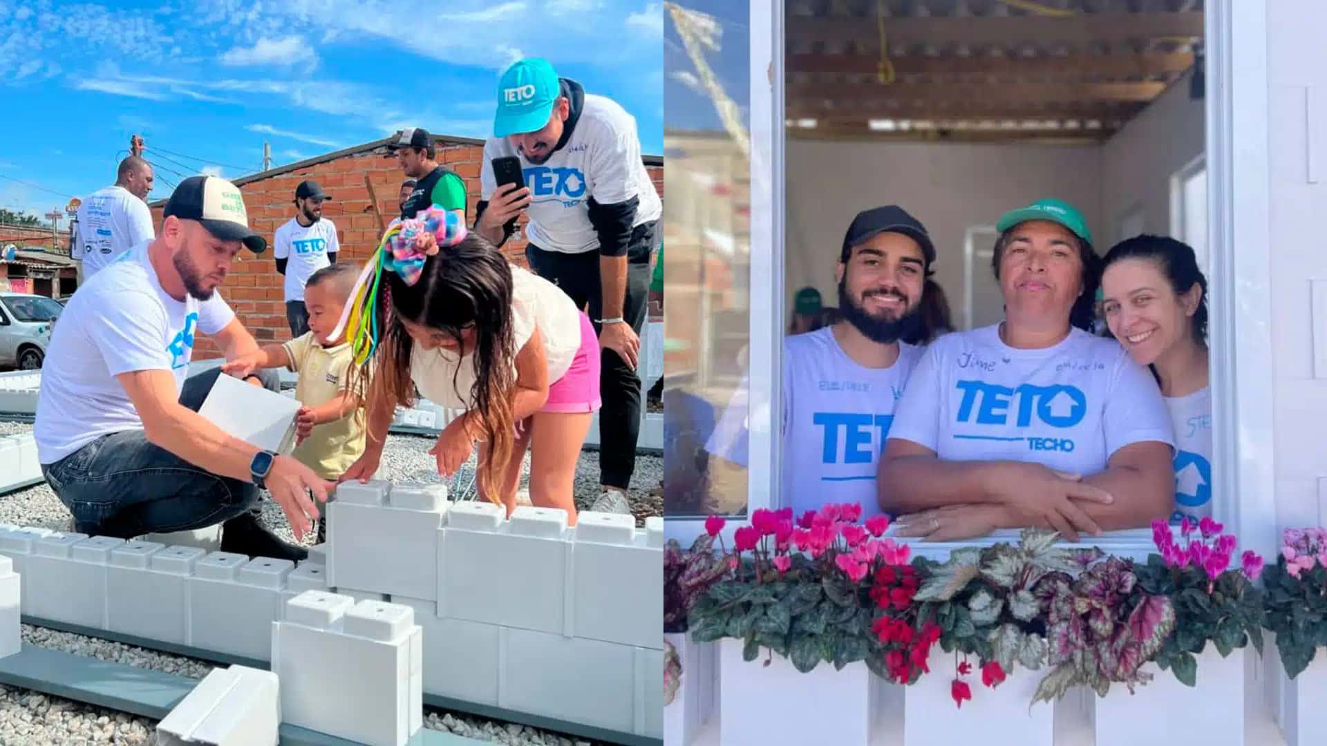 Rejane Alves de Souza (no centro, na imagem à esq.) foi a primeira brasileira a residir em uma casa feita com tijolos plásticos.