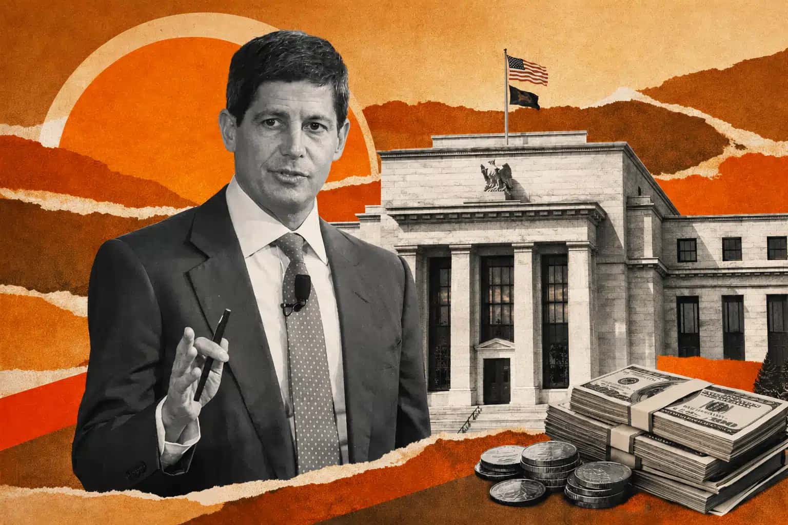Ilustração de Kevin Warsh ao lado do prédio do Federal Reserve.