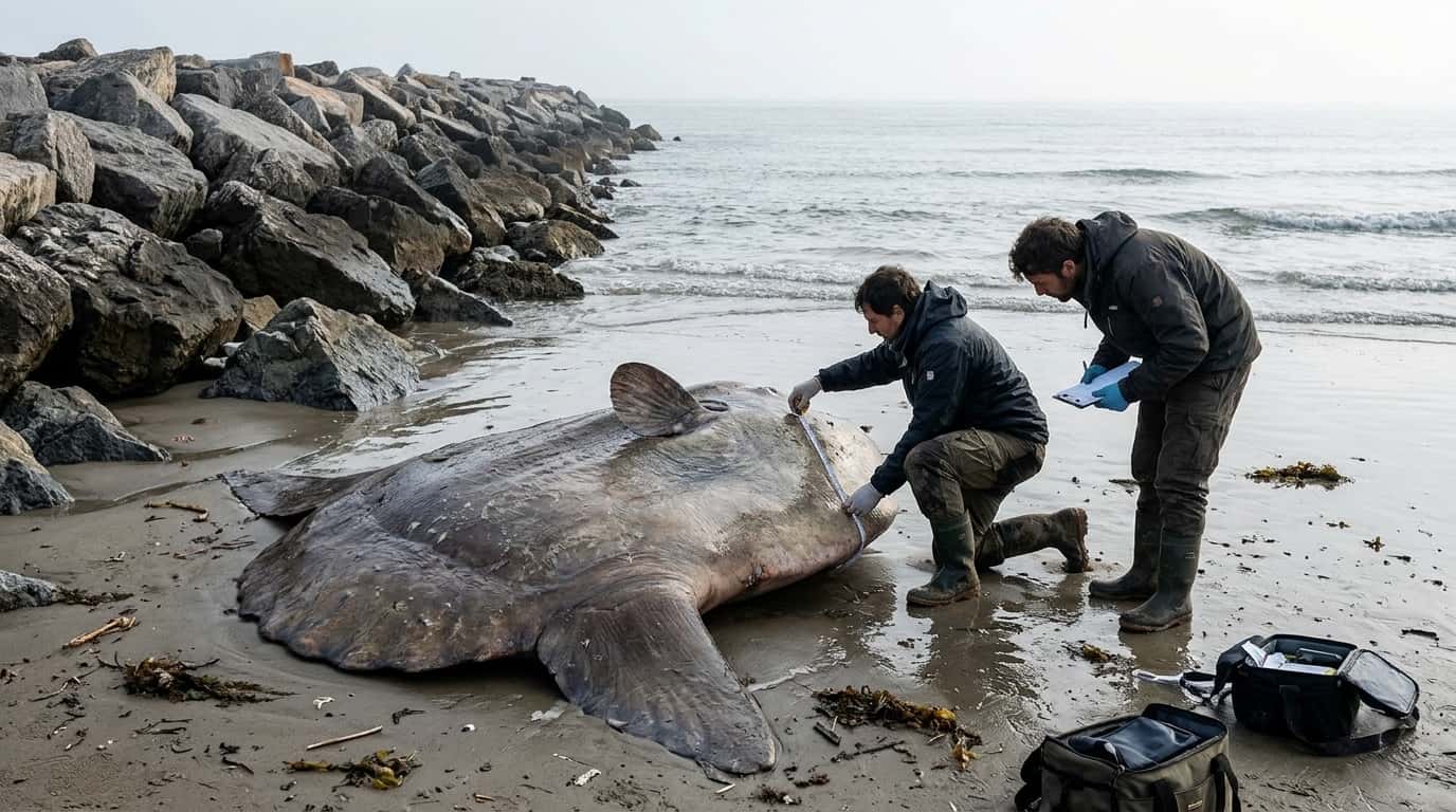 Peixe-lua gigante de 2,5 metros foi encontrado encalhado na costa de Marina di Ravenna | Foto: Reprodução/Catraca Livre