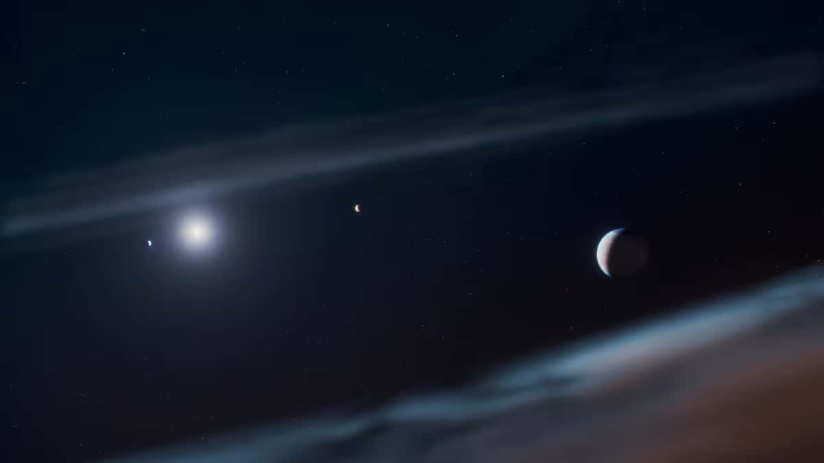 Uma representação artística retrata Beta Pictoris b (à direita) orbitando sua estrela hospedeira. O exoplaneta gigante foi a fonte de um sinal de rádio detectado recentemente. NASA/ESA/CSA/STScI/Ralf Crawford (STScI)