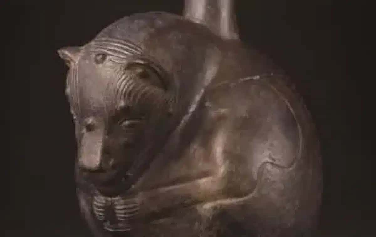 Vaso cerâmico antropomórfico representando um cão pelado peruano, proveniente do mausoléu da elite de Castillo de Huarmey.