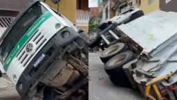 Asfalto cede em Osasco e caminhão de lixo cai em cratera; Sabesp interrompe o abastecimento